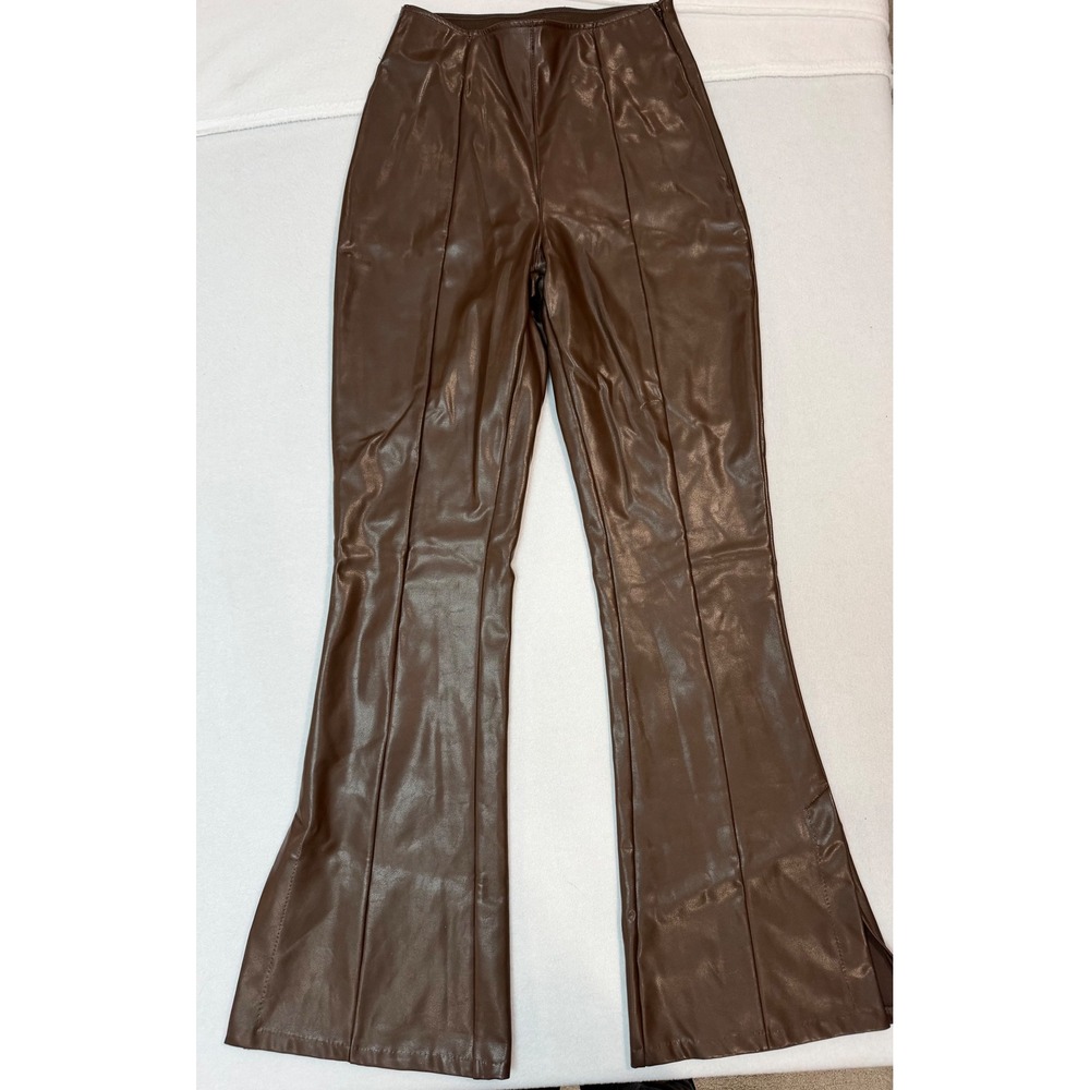 Abercrombie & Fitch Curve Love Vegan Leather Flare Pants Brown XS Split Hem